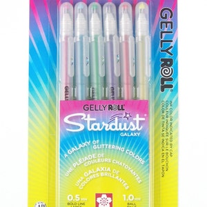 6 Sakura Gelly Roll Pens, Colored, Stardust Galaxy; 6 Sakura Bold Point Gel Ink Pen Set; Adult Book Coloring, Bible Studies, Planners
