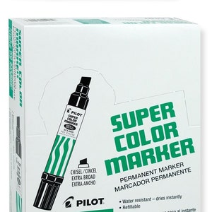 12 Green Pilot Super Color Jumbo Markers; Pilot Extra Wide Chisel Point Permanent Markers; Waterproof Ink, Xylene-Free