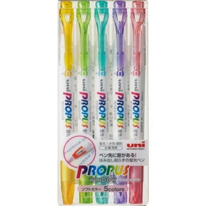 Uni High-Tech Propus Window Highlighters, 5 Colors;  Bible Study, Journaling, Coloring; Japanese Pens; Kawaii Uni Soft Color Set Highlighter