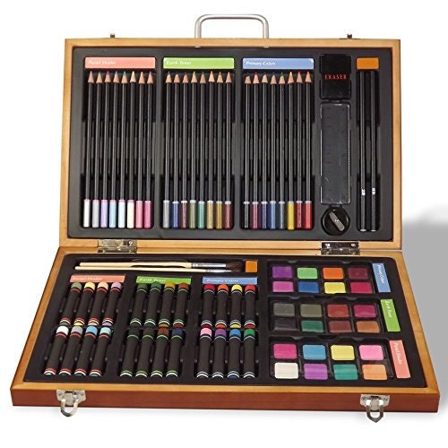 MAHITOI 82 PC Deluxe Art Set Compact Portable Wood case 24 Color Pencils 24  Oil Pastels 24 Watercolor 2 Brushes 2 Drawing Pencils a Pencil Sharpener  kneaded Eraser Sanding Blocks Art supply kit. : : Home