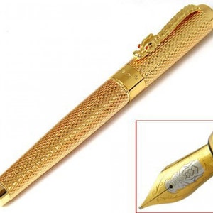 Fountain Pen, 18KGP Medium Nib Golden Dragon Fountain Pen, Excellent Ink Pen for Writing, Calligraphy, Drawing, Inking