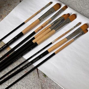9 Artist Filbert Paint Brushes, Long Handle, Nylon; Acrylic Oil Watercolor Gouache