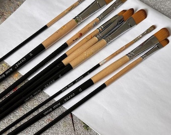 9 Artist Filbert Paint Brushes, Long Handle, Nylon; Acrylic Oil Watercolor Gouache