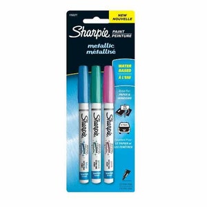 May include: Three Sharpie metallic paint markers in blue, green, and pink. The markers are water-based and extra fine point. The packaging says "New" and "Water Based".
