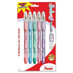 5 Sparkling Metallic Gel Pens, 0.8 mm Medium Tip, Point; Pentel Sunburst Japanese; Adult Coloring Books Bible Study Planner Kawaii Cute Pens