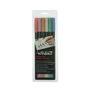Marcadores Uchida Marvy Le Plume II de doble punta (puntas pincel y finas); marcadores de sellos de goma transparentes, para scrapbooking; juego de 6, colores pastel