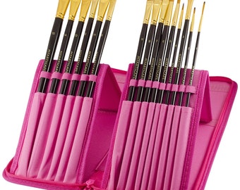 15 Long Art Paint Brushes Set for Watercolor, Acrylic, Oil & Face Painting with Hot Pink Travel Holder.