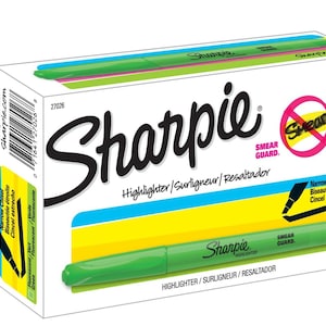 May include: A box of 12 green Sharpie highlighters with a narrow chisel tip. The box features the text "Sharpie Highlighter" and "Smear Guard".