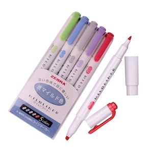 Zebra Mildliner Highlighter, Double Sided, 5 Colors; Japanese Import; Kawaii Zebra Noble Highlighter Mildliner, Marker, Pens