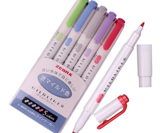 Zebra Mildliner Highlighter, Double Sided, 5 Colors; Japanese Import; Kawaii Zebra Noble Highlighter Mildliner, Marker, Pens