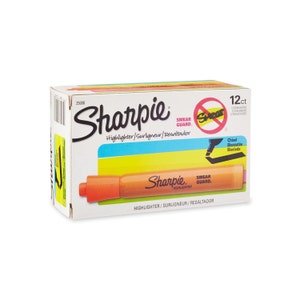 May include: A box of 12 orange Sharpie highlighters with a chisel tip. The box features the text "Sharpie Smear Guard Highlighter/Surligneur/Resaltador" and a graphic of a highlighter with a red cap.