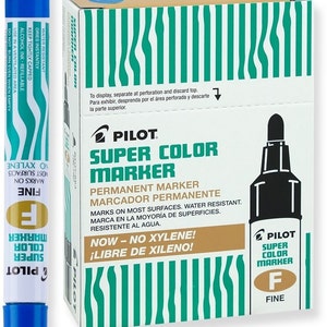 12 Blue Pilot Super Color Markers; Pilot Fine Point Tip Permanent Markers; Waterproof Ink, Xylene-Free