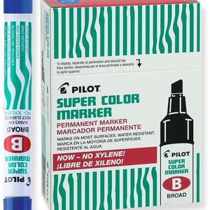 12 Blue Pilot Super Color Markers; Pilot Wide Broad Chisel Point Permanent Markers; Waterproof Ink, Xylene-Free