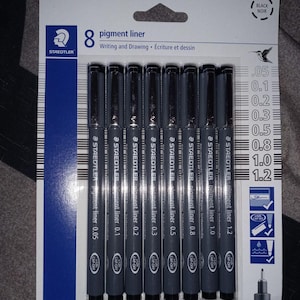8 x Staedtler Pigment Liner Pack, Black Fineliners, 0.05mm, 0.1mm, 0.2mm, 0.3mm, 0.5mm, 0.8mm, 1.0mm, 1.2mm Liner Pens