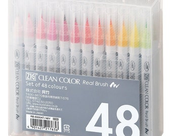 Juego de 48 rotuladores Kuretake ZIG Fude Clean Color con punta de pincel real; juego de 48 rotuladores de acuarela con punta de pincel real.