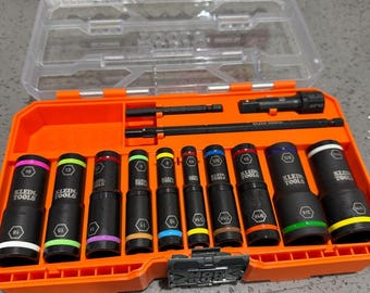 Deep Impact Socket Set, 20 SAE and Metric Socket Sizes, Heavy Duty Flip Sockets w 1/4 and 3/8-Inch Adapters, Klein Tools 65239 KNECT Flip-20