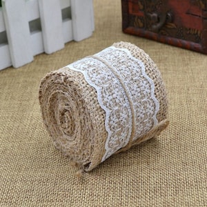 Ruban de toile de jute avec dentelle blanche, toile de jute, toile de jute naturelle, scrapbooking, embellissements, embellissement, emballage de décorations de mariage