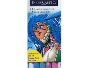 Manga Shojo Faber-Castell PITT Artist Brush Studio Pens, 6 Set; Pigmented India Ink; Pro Art, Drawing, Adult Book Coloring Set