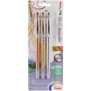 3 Metallic Gel Pens, Pentel Arts Slicci, 0.8 mm Medium Tip, Point; Japanese; Adult Coloring Books, Bible Study, Planner, Kawaii Cute Pens