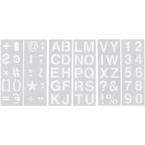 Modello Stencil Lettering Guide Lettere, alfabeto, numeri, simboli; Diario biblico, biglietti d'auguri per pialle, scrapbooking; Calligrafia