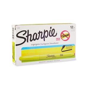 May include: A box of 12 yellow Sharpie highlighters with a narrow chisel tip. The box features the text "Sharpie" and "Smear Guard" and is labelled "Highlighter/Surligneur/Resaltador".
