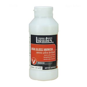 May include: A white plastic bottle of Liquitex High Gloss Varnish. The label is black and red, with the text "HIGH GLOSS VARNISH" and "237 mL". The bottle is for artist acrylics.
