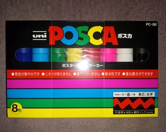 8 marcadores de pintura Uni-Posca Japan, punta ancha cincelada gruesa; marcador de pintura a base de agua Uni-Posca Mitsubishi, PC8K8C