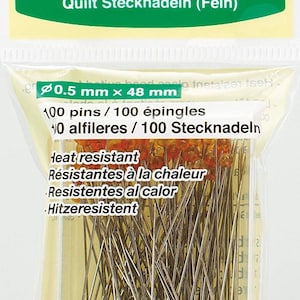 100 Straight Pins, 48x0.6mm, Clover Japan Glass Head Pins; Fine, Delicate Fabric; Crafts, Decorating, Sewing, Embroidery, Dressmaking