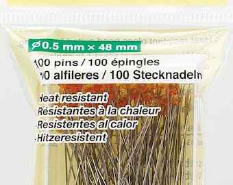 100 Straight Pins, 48x0.6mm, Clover Japan Glass Head Pins; Fine, Delicate Fabric; Crafts, Decorating, Sewing, Embroidery, Dressmaking