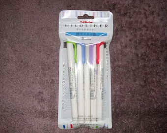 5 Zebra Noble Mildliners; Zebra Highlighter Mild Liner, Japanese Stationery, WKT7-5C-NC, Marker Pen Double-Sided Fine 0.8-1.1mm, Bold 4.0mm