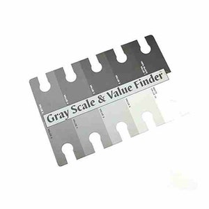 Könnte beinhalten: Ein Graustufen- und Wertfinder-Werkzeug mit 10 Grautönen, die jeweils ein Loch zum Vergleich haben. Die Farbtöne reichen von Schwarz bis Weiß, wobei die Werte 1-10 auf jedem Farbtön gekennzeichnet sind.