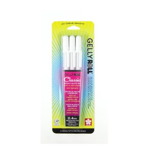 May include: A pack of three white Gelly Roll Classic pens with a 0.4 mm medium point. The pens are designed for writing on dark paper and adding highlights. The packaging is pink and white with the brand name and product information.