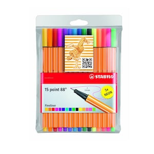 Stabilo &quot;Never Bleed or Smear&quot; Calligraphy Fine Tip 15 Markers, Pens; 0.4mm, Tip, Point; 15 Color Pens; Writing, Drawing, Manga; Wallet Set
