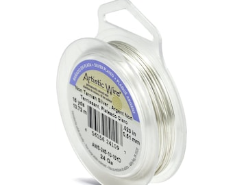 Alambre artístico de cobre bañado en plata auténtica, calibre 24; 0,51 mm, resistente al deslustre, 15 yardas. Para joyería, envoltura de alambre, cota de malla, cadena de cuentas.