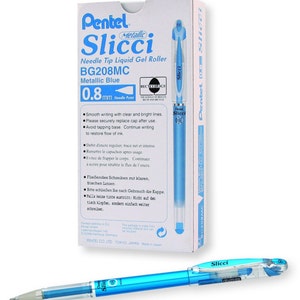 12 Blue Metallic Gel Pens, Pentel Arts Slicci, 0.8 mm Medium Tip, Point; Japanese; Adult Coloring Books Bible Study Planner Kawaii Cute Pens