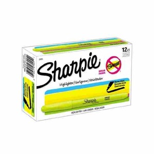 May include: A box of 12 yellow Sharpie highlighters. The box has a blue and yellow design with the text "Sharpie" in black. The text "Highlighter/Surligneur/Resaltador" is printed in blue and white. The text "Narrow Chisel/Biseau étroit/Cincel estrecho" is printed in black and white. The text "12ct" is printed in black.