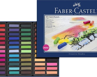 May include: A set of 72 Faber-Castell soft pastels in a blue and white box. The box has the text "72 Soft Pastels" and "Creative Studio" on it. The pastels are arranged in a grid in the box, and there is a small drawing of a landscape on the box.