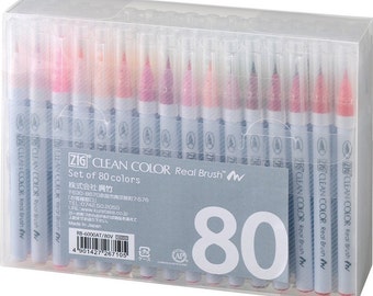 Kuretake ZIG Fude - Juego de 80 rotuladores de pincel de color limpio; rotuladores de pincel de acuarela para artistas, artistas, pintura y libros para colorear para adultos.