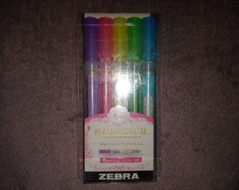 5 Zebra Kirarich Glitter Highlighters; Japanese Import; Kawaii Cute Pens; Zebra Sparkly Highlighter, Marker, Paint Pen, 71605