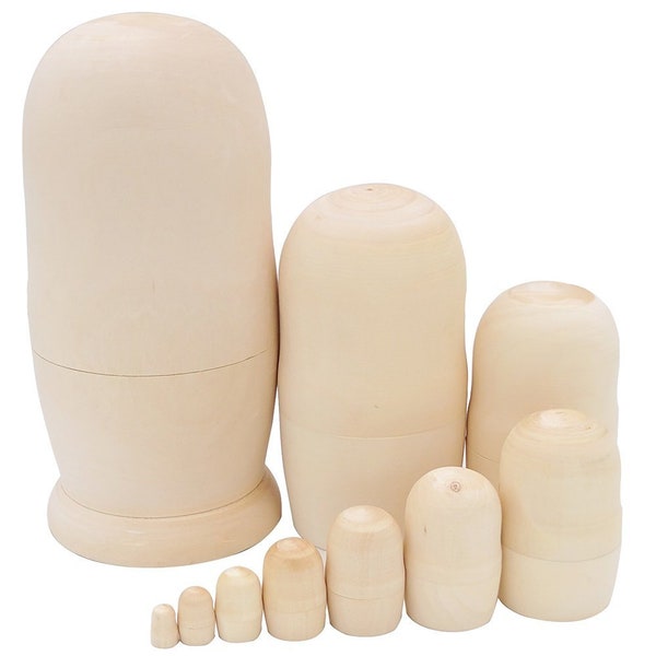 Poupée gigogne matriochka vierge, lot de 10 ; Poupées gigognes Matryoshka russes vierges non peintes en bois nu; 8,3 pouces, 21 cm