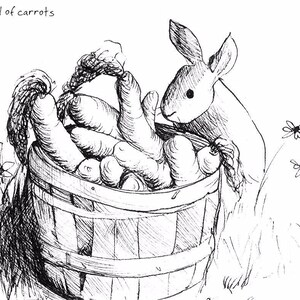 May include: A black and white line drawing of a rabbit peeking into a bushel of carrots. The bushel is full of carrots and the rabbit is looking at the carrots with interest. The text "Bushel of carrots" is written at the top of the image.