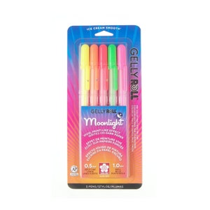 5 Sakura Gelly Roll Pens, Colored, Flurosent Moonlight; 5 Sakura Bold Point Gel Ink Pen Set; Adult Book Coloring, Bible Study, Planners
