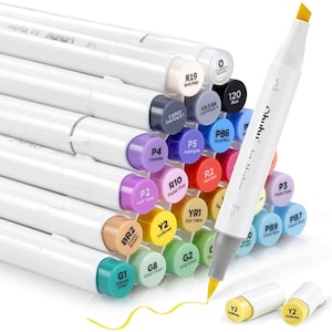24 markers artiestenset; Set van 24 markeerstiften, penseel en beitel met dubbele dubbele punten; Schets, Ciao, Manga, Anime, Tekenen, Boekkleuren, Journaling