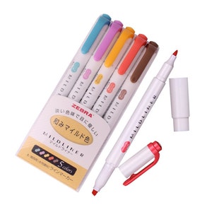 Zebra Mildliner Highlighter, Double Sided, 5 Colors; Japanese Import; Kawaii Cute Zebra Deep & Warm Highlighter Mildliner, Marker, Pens