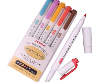 Zebra Mildliner Highlighter, doppelseitig, 5 Farben; Japanischen Import; Kawaii niedlich Zebra tief & Warm Mildliner, Marker, Textmarker