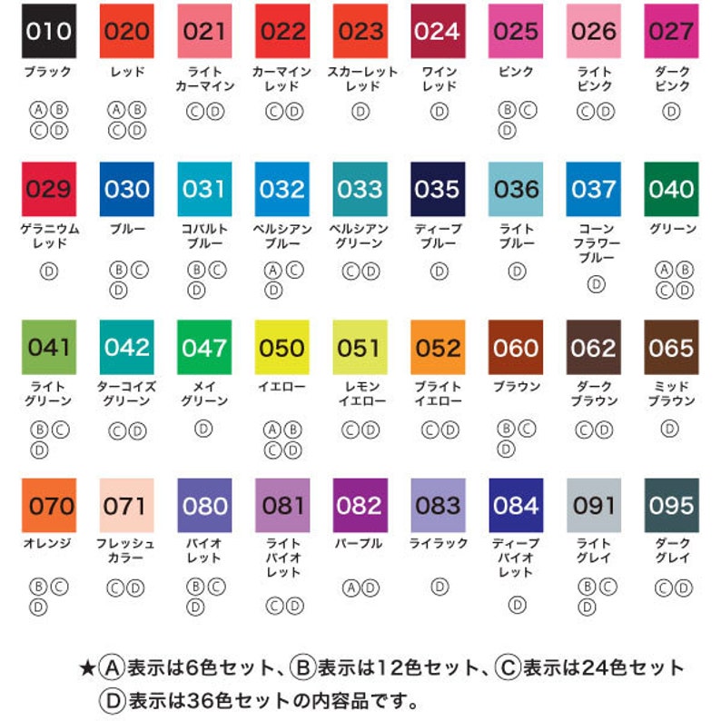 May include: A color chart with 36 different paint colors, labeled with numbers and names. The chart is divided into rows and columns, with each color having a corresponding number and name. The chart also includes information about the different set sizes available, with A representing 6 colors, B representing 12 colors, C representing 24 colors, and D representing 36 colors.