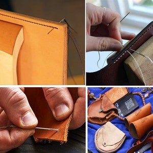 May include: Close-up of hands stitching leather with a needle and thread. The leather is brown and has a natural grain. The stitching is done by hand and is very precise. The image shows the process of leather crafting.