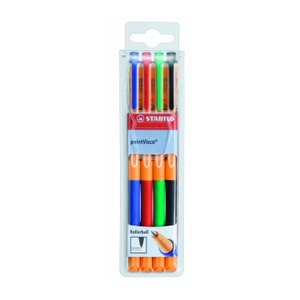 May include: A pack of four Stabilo pointVisco rollerball pens in blue, red, green, and black. The pens are in a clear plastic package with a hanging hole.