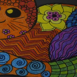 May include: A colorful, hand-drawn illustration of a cat with a patterned design. The cat is orange with black eyes and whiskers, adorned with small pink flowers. The background features various patterns in blue, yellow, purple, and green.