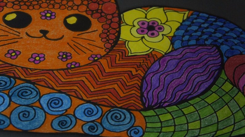 May include: A colorful, hand-drawn illustration of a cat with a patterned design. The cat is orange with black eyes and whiskers, adorned with small pink flowers. The background features various patterns in blue, yellow, purple, and green.
